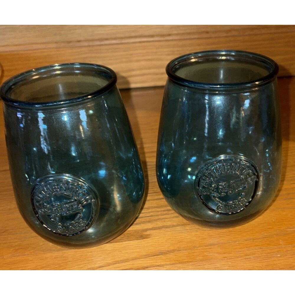 2 Authentic San Miguel 100% Recycled Glass Wine Droplet Glass Applied Blue Color